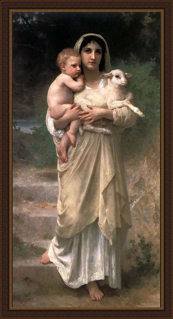Framed William Bouguereau lambs painting