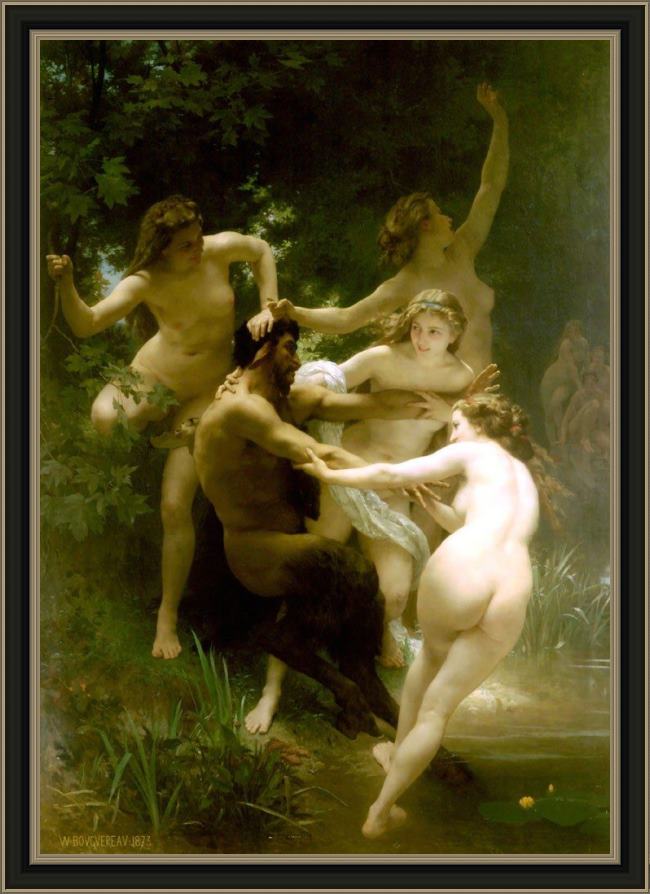 Framed William Bouguereau nymphs and satyr. painting