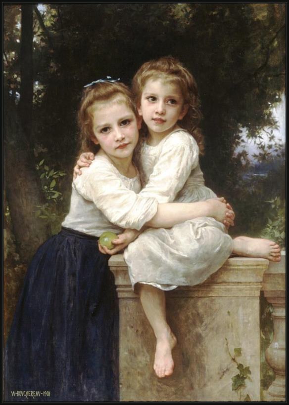 Framed William Bouguereau two sisters painting