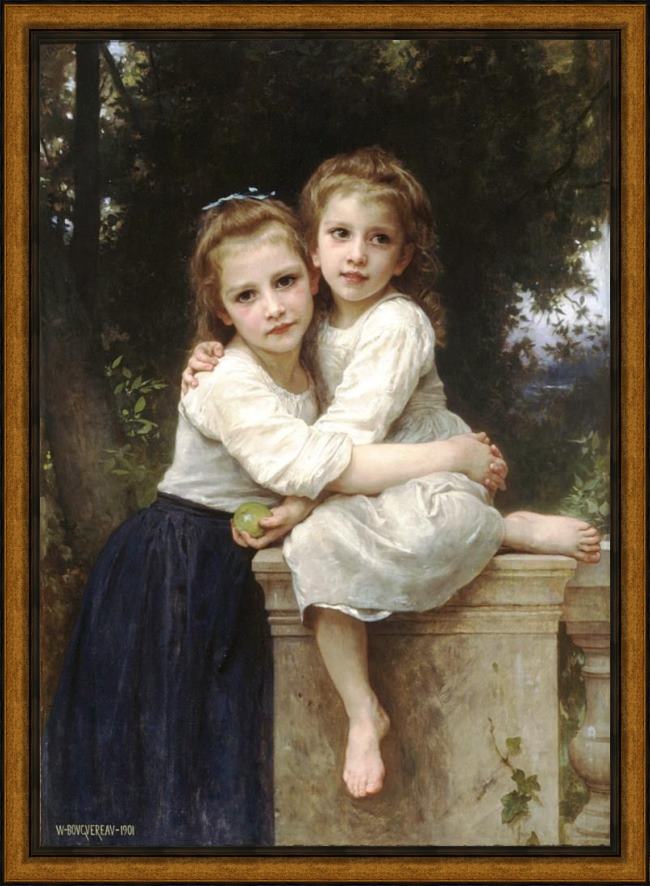Framed William Bouguereau two sisters painting