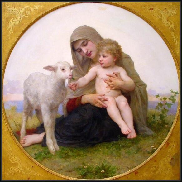 Framed William Bouguereau virgin and lamb painting