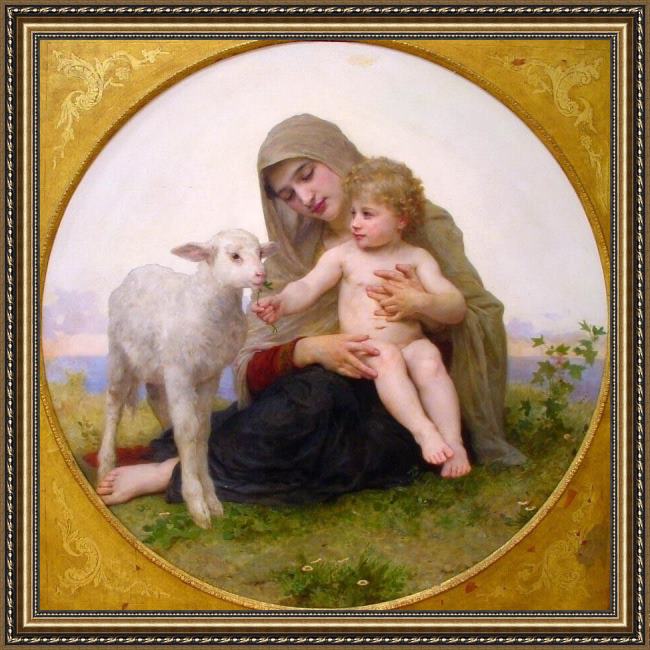 Framed William Bouguereau virgin and lamb painting