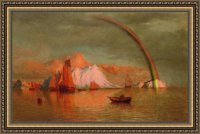 Framed William Bradford arctic sunset with rainbow painting