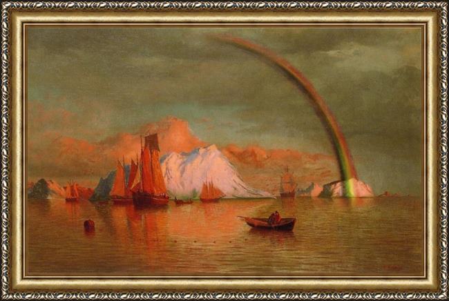 Framed William Bradford arctic sunset with rainbow painting