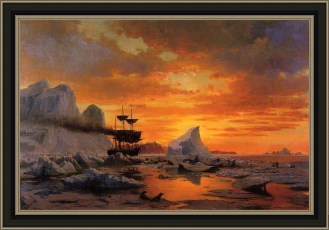 Framed William Bradford ice dwellers watching the invaders sunset painting
