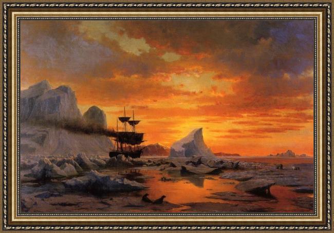 Framed William Bradford ice dwellers watching the invaders sunset painting