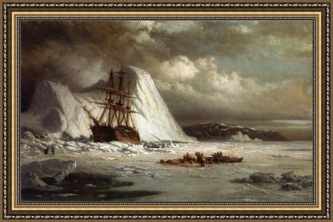 Framed William Bradford icebound ship painting