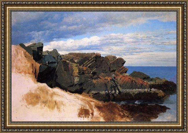 Framed William Bradford rock study at nahant, massachusetts painting