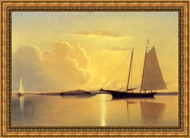 Framed William Bradford schooner in fairhaven harbor, sunrise painting