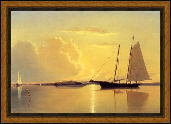 Framed William Bradford schooner in fairhaven harbor, sunrise painting