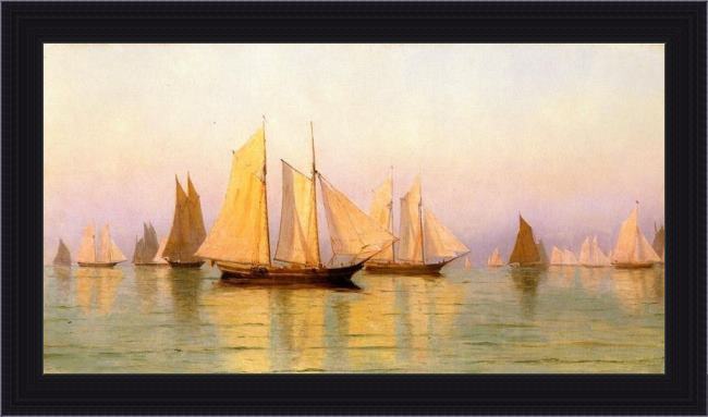 Framed William Bradford sloops and schooners at evening calm painting
