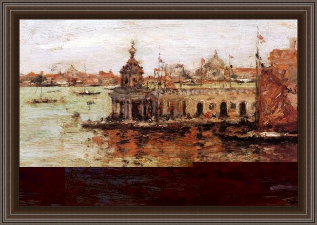Framed William Merritt Chase venice view of the navy arsenal painting
