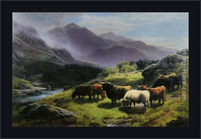 Framed William Watson highland cattle grazing by a mountain stream painting