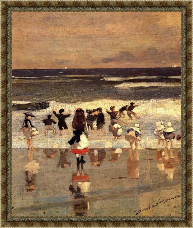 Framed Winslow Homer beach scene painting