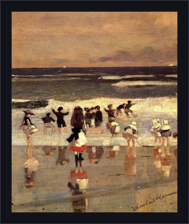 Framed Winslow Homer beach scene painting