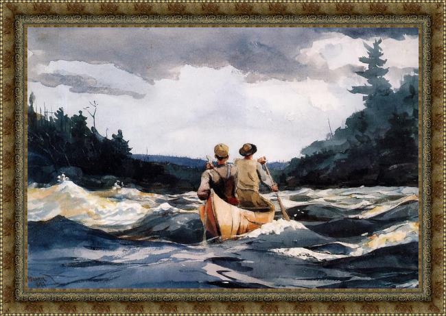 Framed Winslow Homer canoe in the rapids painting