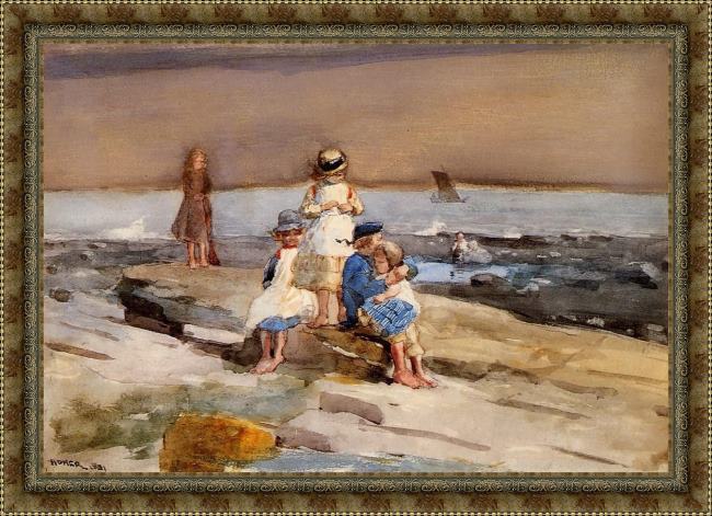Framed Winslow Homer children on the beach painting