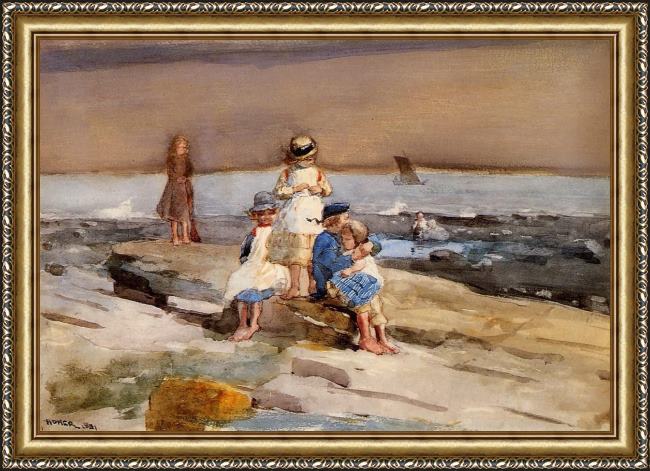 Framed Winslow Homer children on the beach painting
