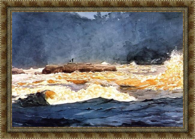 Framed Winslow Homer fishing the rapids saguenay painting