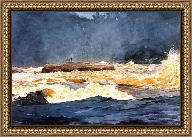 Framed Winslow Homer fishing the rapids saguenay painting