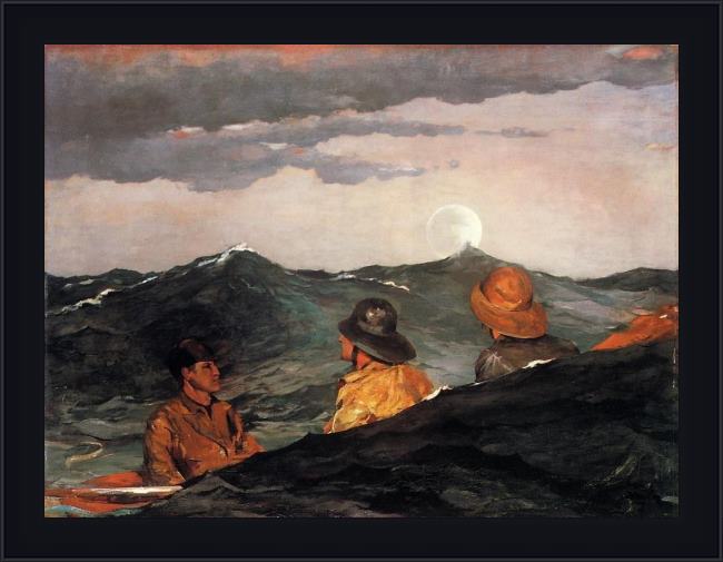 Framed Winslow Homer kissing the moon painting