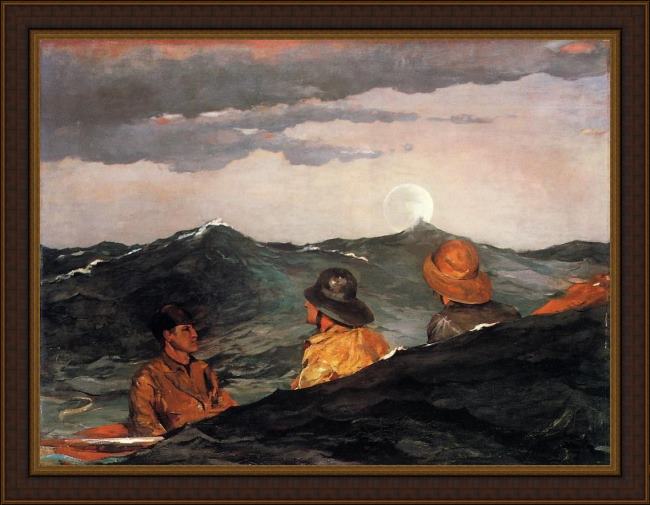 Framed Winslow Homer kissing the moon painting