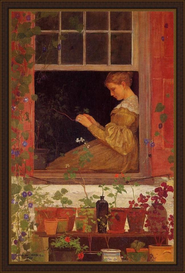 Framed Winslow Homer morning glories painting