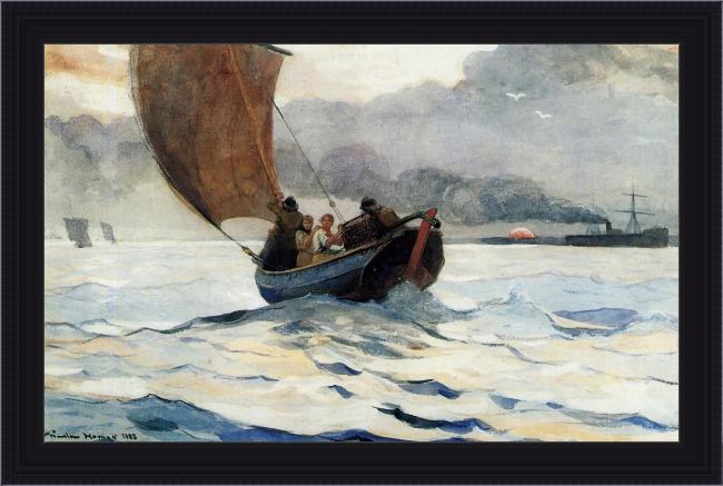 Framed Winslow Homer returning fishing boats painting