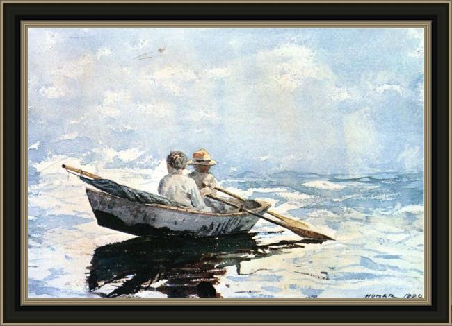 Framed Winslow Homer rowboat painting