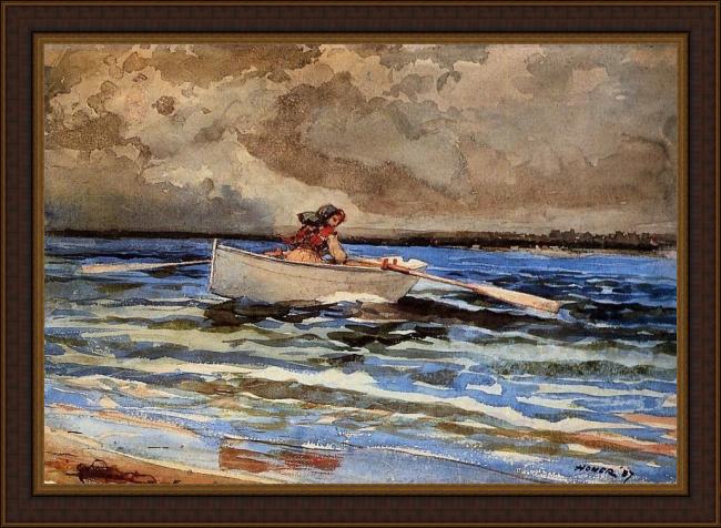 Framed Winslow Homer rowing at prout's neck painting