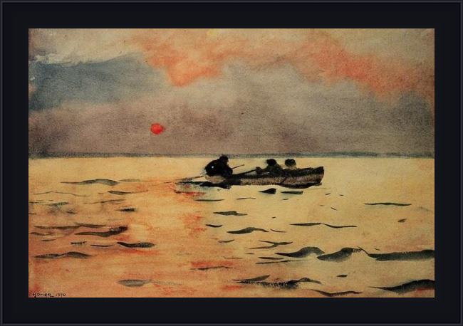 Framed Winslow Homer rowing home painting