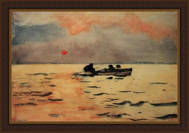 Framed Winslow Homer rowing home painting