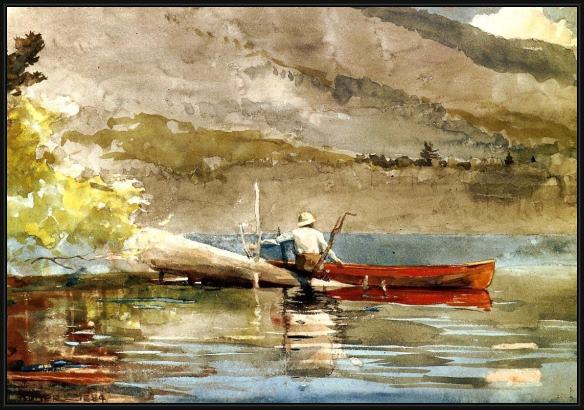 Framed Winslow Homer the red canoe i painting
