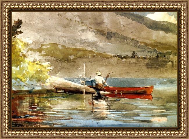 Framed Winslow Homer the red canoe i painting
