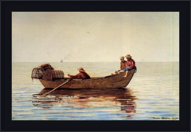 Framed Winslow Homer three boys in a dory with lobster pots painting