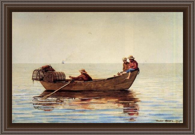 Framed Winslow Homer three boys in a dory with lobster pots painting