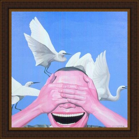 Framed Yue Minjun sky animal human being painting